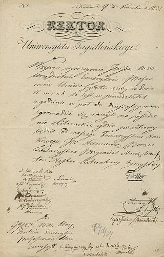 Pismo rektora Sebastiana Girtlera z dnia 9 IV 1831 z zaproszeniem na posiedzenie na którym powitany będzie Julian Ursyn Niemcewicz