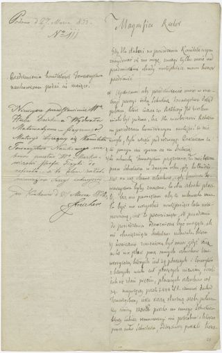 Wniosek Karola Hube o uporządkowanie finansów Towarzystwa z dnia 27 III 1832, ze zbiorów Archiwum UJ 