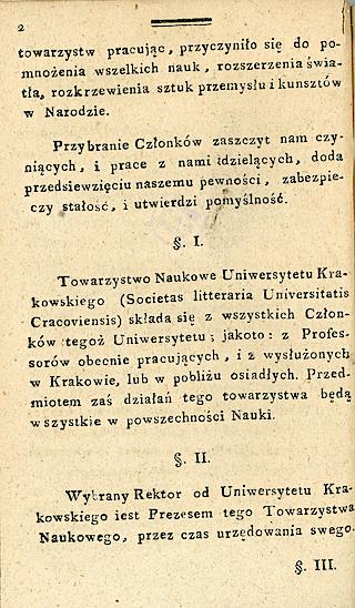 Statut Towarzystwa Naukowego Krakowskiego z Uniwersytetem Krakowskim połączonego uchwalony w roku 1815, ze zbiorów Biblioteki Naukowej PAU i PAN w Krakowie 