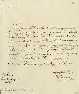 Pismo hrabiego Zamoyskiego z dnia 10 I 1824 z podziękowaniem za przesłanie ósmego tomu „Rocznika”, ze zbiorów Archiwum UJ