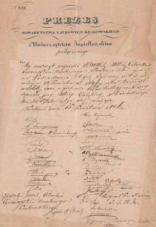  Zaproszenie na posiedzenie Towarzystwa Naukowego Krakowskiego w dniu 18 kwietnia 1846 r., ze zbiorów Archiwum Nauki PAN i PAU