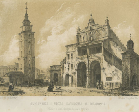 Sukiennice i Wieża Ratuszowa w Krakowie, litografia Henryka Waltera, ze zbiorów Biblioteki Naukowej PAU i PAN