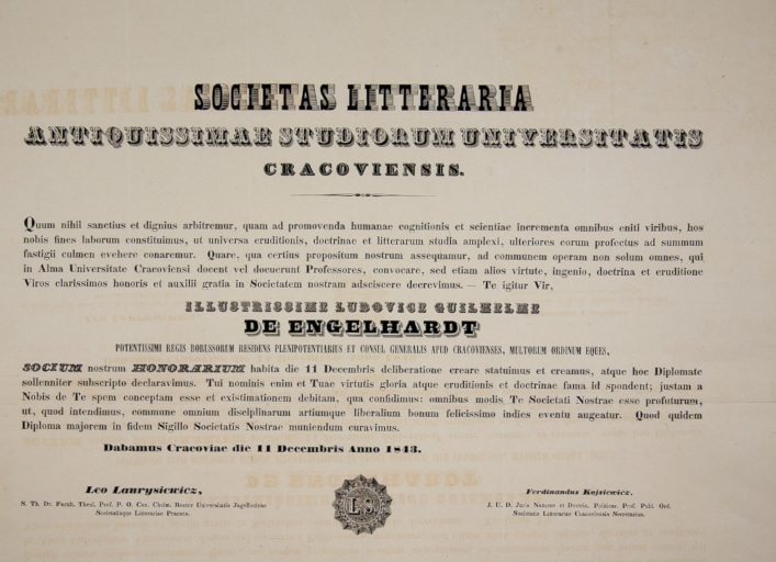 Dyplom wyboru Ludwika Wilhelma de Engelhardta na członka honorowego z 11 grudnia 1843, ze zbiorów Archiwum Nauki PAN i PAU