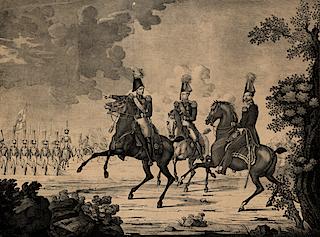 Litografia autorstwa Stanisława Kucińskiego, przedstawiająca przegląd wojsk przez cara Mikołaja I