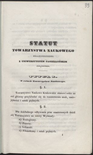 Pierwsza strona tekstu statutu Towarzystwa Naukowego Krakowskiego z 1841 r., ze zbiorów Archiwum Nauki PAN i PAU, ze zbiorów Archiwum Nauki PAN i PAU