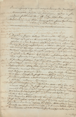Pierwsza strona tekstu sprawozdania z czynności Towarzystwa Naukowego z Uniwersytetem Jagiellońskim połączonego za rok 1844 przedstawionego przez prezesa Leona Laurysiewicza na posiedzeniu w dniu 22 lutego 1845 r., ze zbiorów Archiwum Nauki PAN i PAU